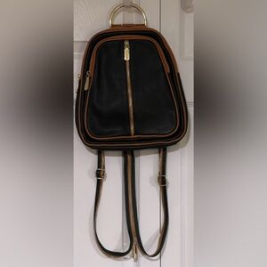 Valentina Pebbled Leather Convertible Backpack in Dark Green With Tan Trim